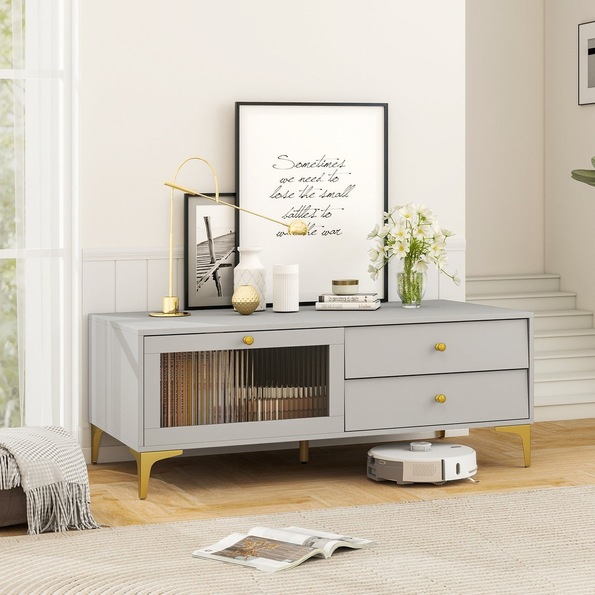 TV Stand with Compartment and Drawers for 55 Inch TV-Gray view 2