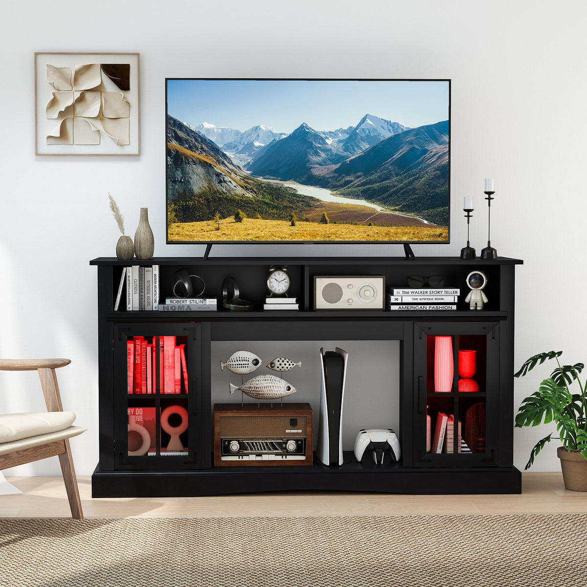 TV Stand with LED Lights and Remote Control-Black view 2