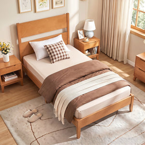 Twin Bed Frame with Headboard with Solid Wood Legs 12 Slats-Warm Brown view 5