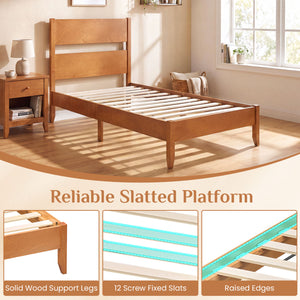 Twin Bed Frame with Headboard with Solid Wood Legs 12 Slats-Warm Brown view 7