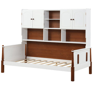 Twin Bed with Bookcase with Shelves and, Wooden Slat Support No Box Spring Needed for Living Room Bedroom-White