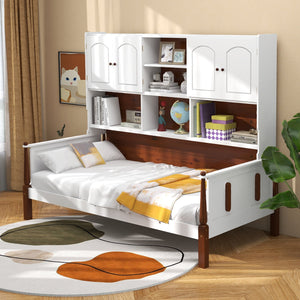 Twin Bed with Bookcase with Shelves and, Wooden Slat Support No Box Spring Needed for Living Room Bedroom-White view 2
