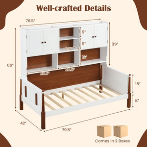 Twin Bed with Bookcase with Shelves and, Wooden Slat Support No Box Spring Needed for Living Room Bedroom-White view 4