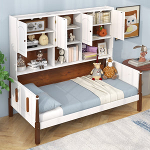 Twin Bed with Bookcase with Shelves and, Wooden Slat Support No Box Spring Needed for Living Room Bedroom-White view 6