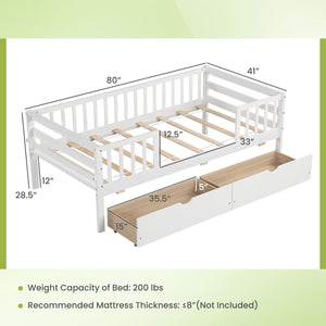 Twin Daybed with Fence and 2 Drawers Kids Bed for Boys & Girls-White view 5