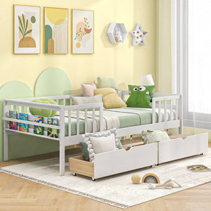 Twin Daybed with Fence and 2 Drawers Kids Bed for Boys & Girls-White view 8