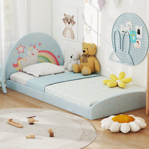 Twin Floor Bed Frame Upholstered Twin Size Kids Floor Bed with 210D Oxford Cloth Floor Mat-Blue view 6
