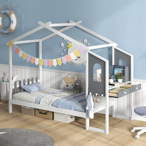 Twin/Full Bed Frame with House Roof Canopy and Fence for Kids-Twin Size view 6