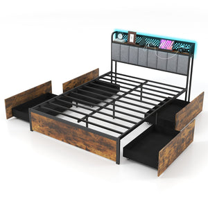 Twin/Full/Queen Bed Frame with LED Lights, Upholstered Headboard and 4 Storage Drawers-Full Size