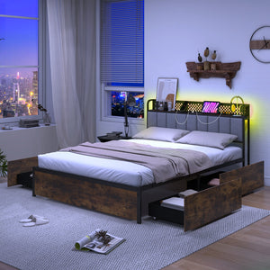 Twin/Full/Queen Bed Frame with LED Lights, Upholstered Headboard and 4 Storage Drawers-Full Size view 6