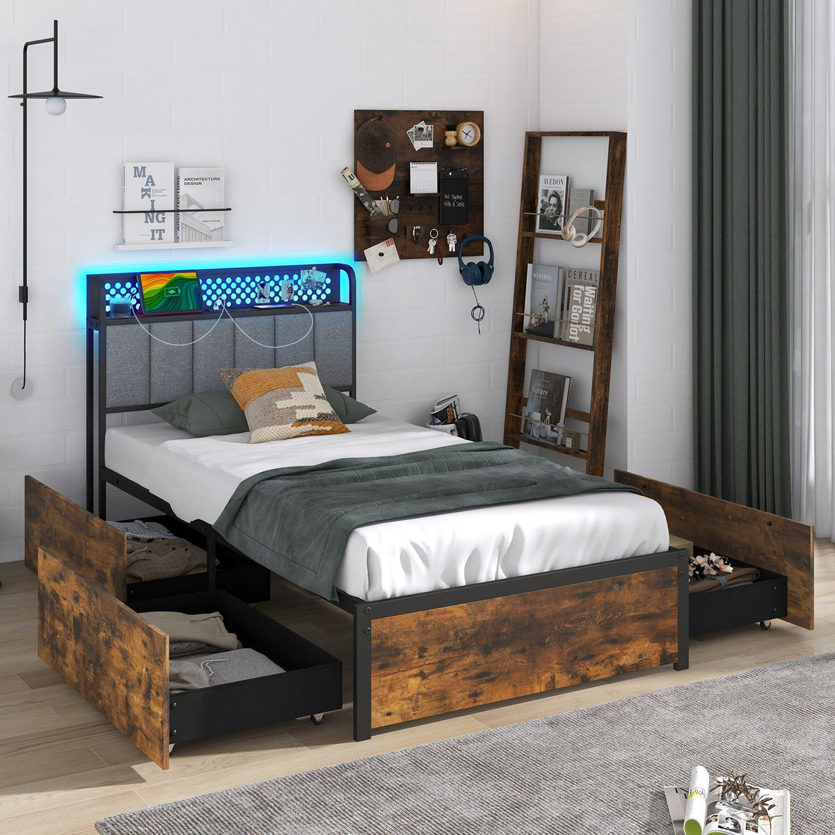 Twin/Full/Queen Bed Frame with LED Lights, Upholstered Headboard and 4 Storage Drawers-Twin size view 2