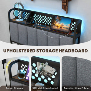Twin/Full/Queen Bed Frame with LED Lights, Upholstered Headboard and 4 Storage Drawers-Twin size view 8