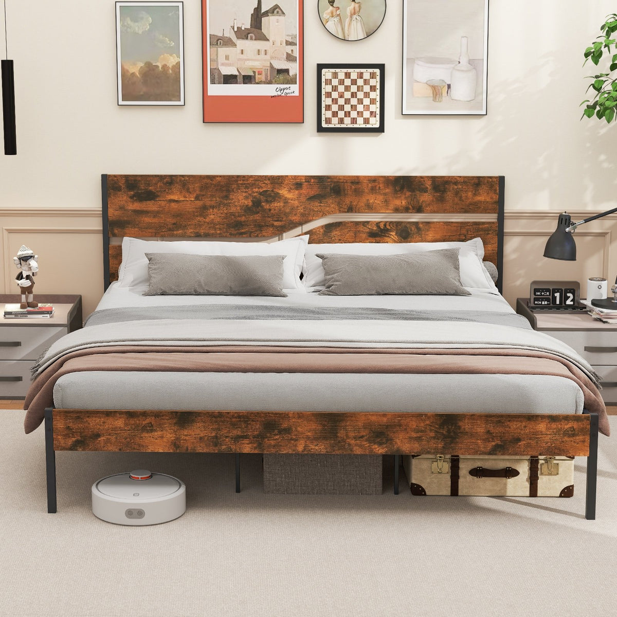 Twin/Full/Queen/King Metal Bed Frame with Wooden Headboard and Footboard-King Size view 2