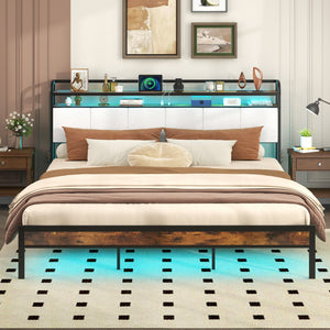 Twin/Full/Queen/King Size Bed Frame with LED Light and Charging Station-King Size view 3