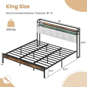 Twin/Full/Queen/King Size Bed Frame with LED Light and Charging Station-King Size view 4