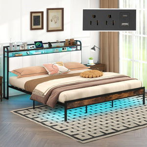 Twin/Full/Queen/King Size Bed Frame with LED Light and Charging Station-King Size view 5