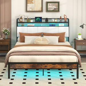 Twin/Full/Queen/King Size Bed Frame with LED Light and Charging Station-Queen Size view 3