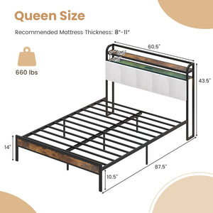 Twin/Full/Queen/King Size Bed Frame with LED Light and Charging Station-Queen Size view 5