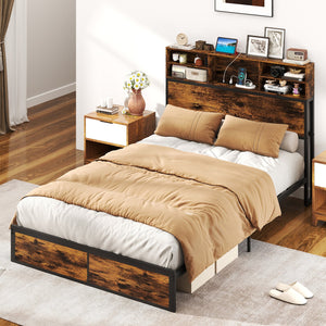 Twin/Full/Queen/King Size Bed Frame with Storage Headboard Industrial Metal Platform Bed-Full Size view 2