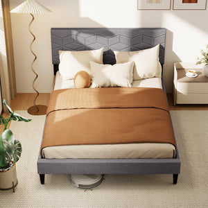 Twin/Full/Queen Size Bed Frame Modern Platform Bed with Linen Fabric Upholstered Headboard-Full view 2
