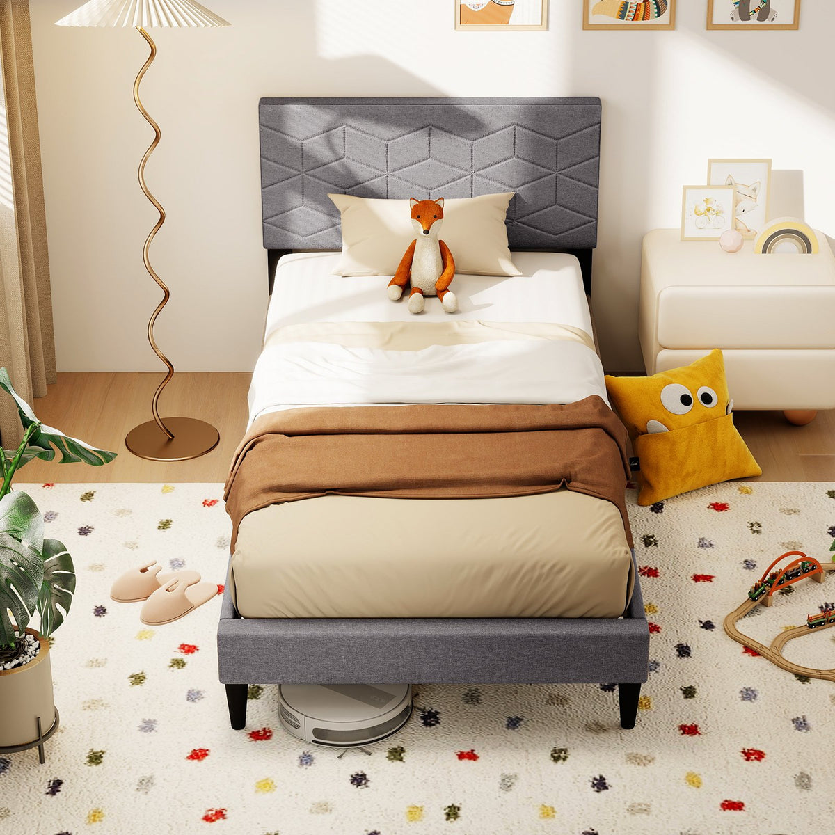 Twin/Full/Queen Size Bed Frame Modern Platform Bed with Linen Fabric Upholstered Headboard-Twin view 2