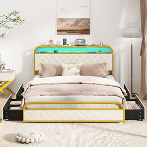Twin/Full/Queen Size Bed Frame with LED Lights and Charging Station Gold-Queen Size view 5