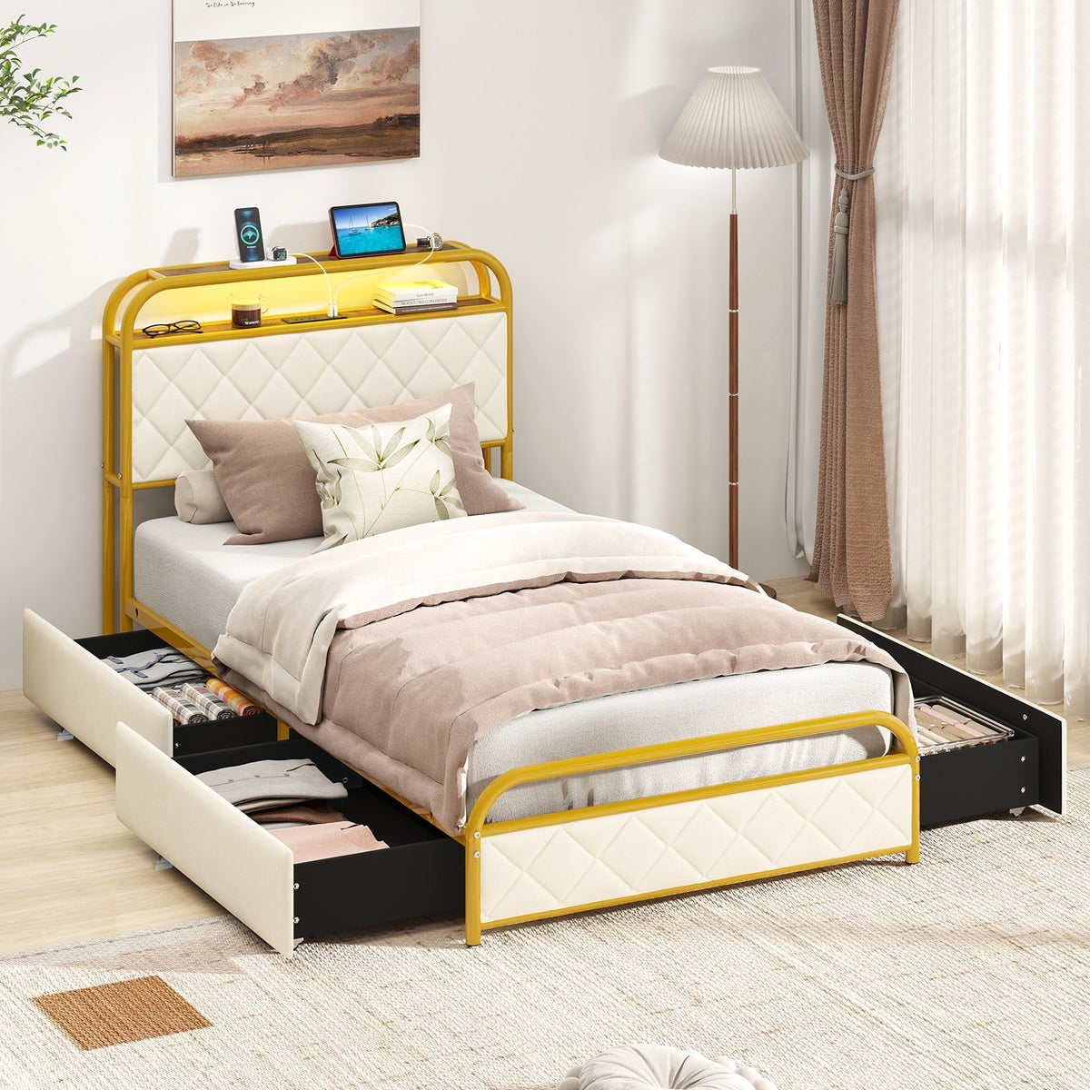 Twin/Full/Queen Size Bed Frame with LED Lights and Charging Station Gold-Twin Size view 2