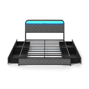 Twin/Full/Queen Size Bed Frame with LED Lights and Charging Station-Queen Size