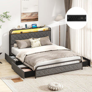 Twin/Full/Queen Size Bed Frame with LED Lights and Charging Station-Queen Size view 3