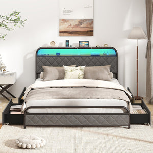 Twin/Full/Queen Size Bed Frame with LED Lights and Charging Station-Queen Size view 5