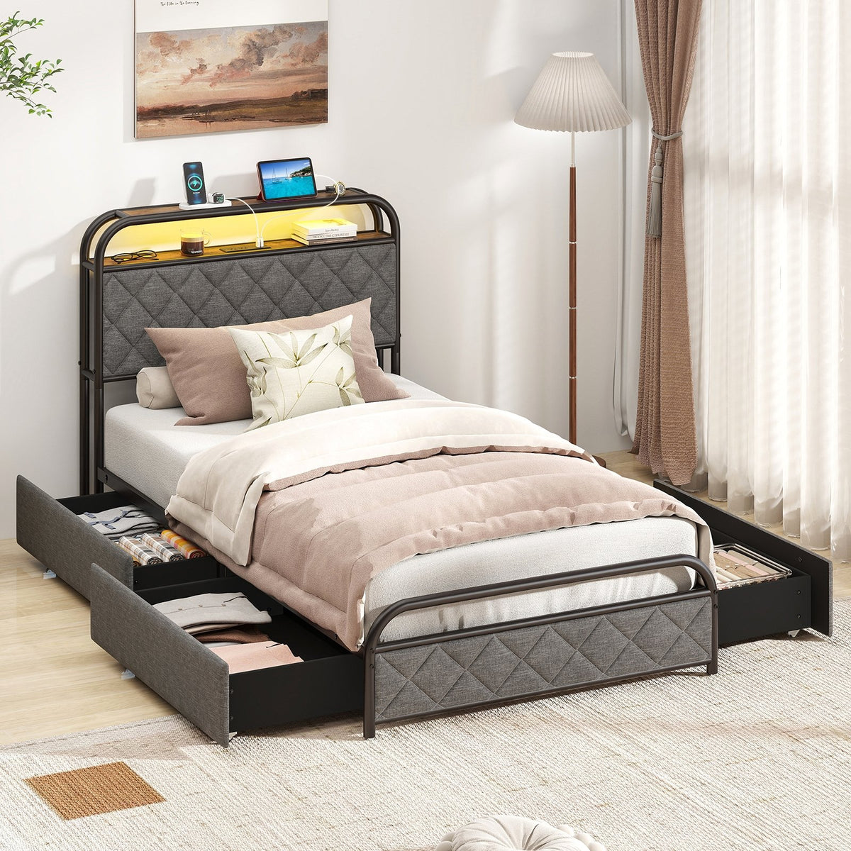 Twin/Full/Queen Size Bed Frame with LED Lights and Charging Station-Twin Size view 2