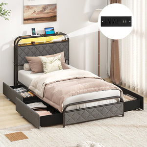 Twin/Full/Queen Size Bed Frame with LED Lights and Charging Station-Twin Size view 3