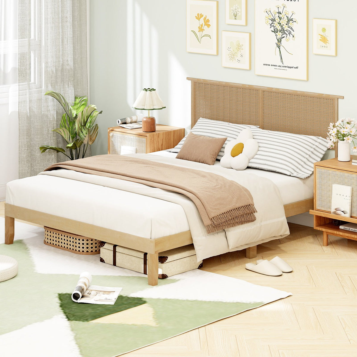 Twin/Full/Queen Size Bed Frame with Rattan Headboard-Queen Size view 2
