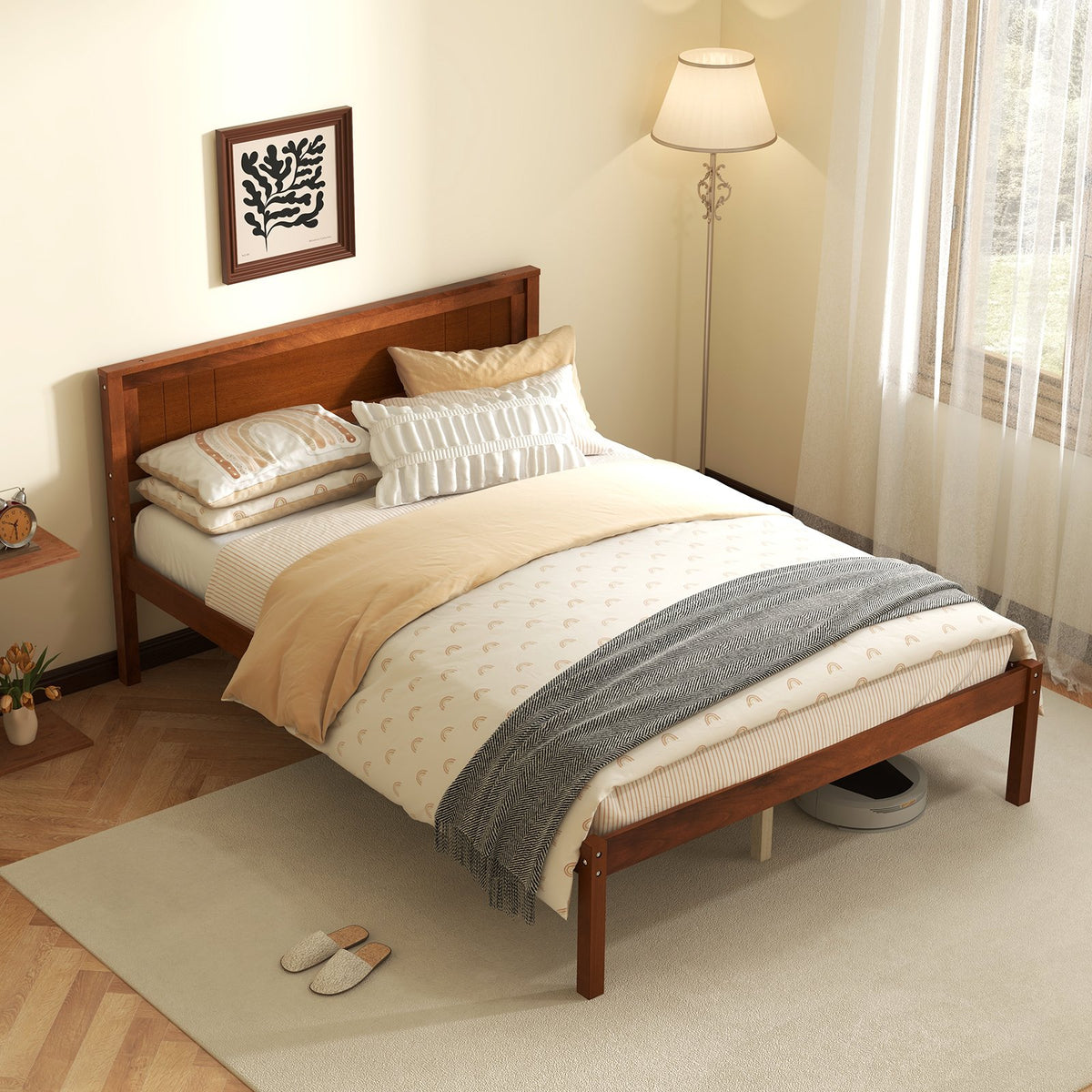 Twin/Full/Queen Size Bed Frame with Wooden Headboard and Slat Support-Full Size view 2