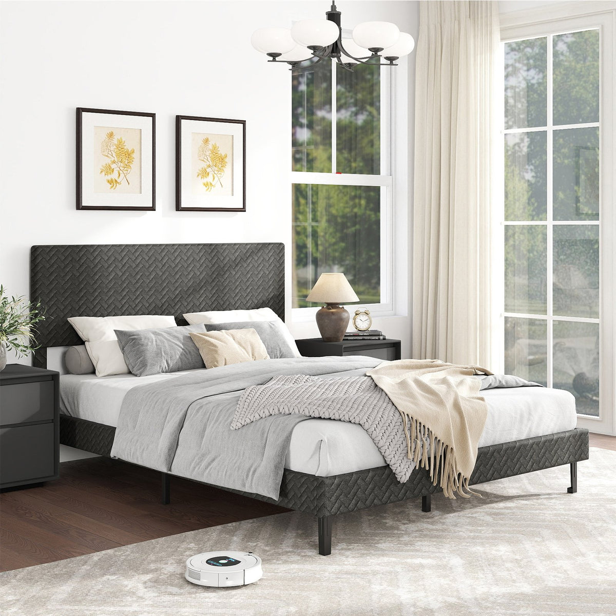 Twin/Full/Queen Size Velvet Bed Frame Upholstered Platform Bed with Chevron Headboard Gray-Queen view 2