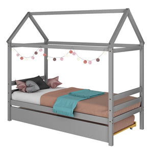 Kids Platform Bed Frame with Roof for Bedroom-Gray view 4