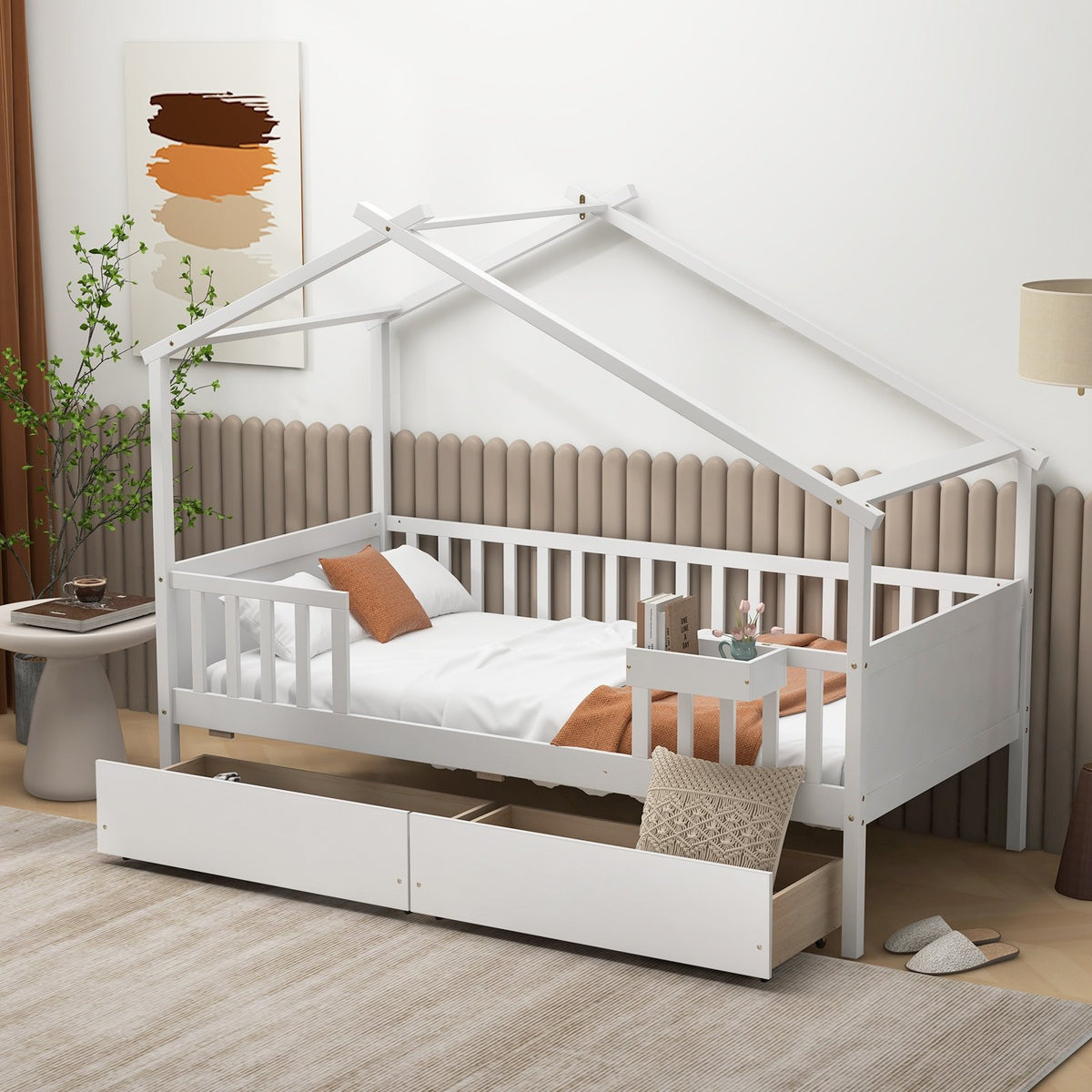 Twin House Bed with 2 Storage Drawers and Roof & Fence Rails-White view 2