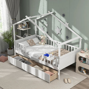 Twin House Bed with 2 Storage Drawers and Roof & Fence Rails-White view 3