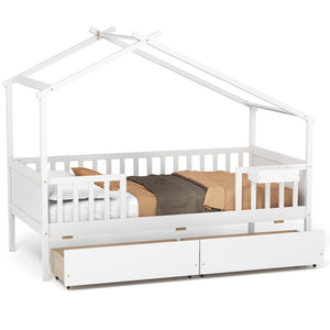 Twin House Bed with 2 Storage Drawers and Roof & Fence Rails-White view 4