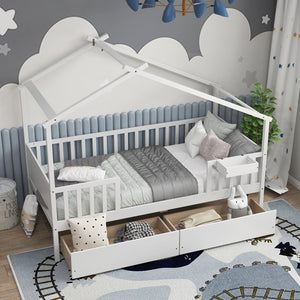 Twin House Bed with 2 Storage Drawers and Roof & Fence Rails-White view 9