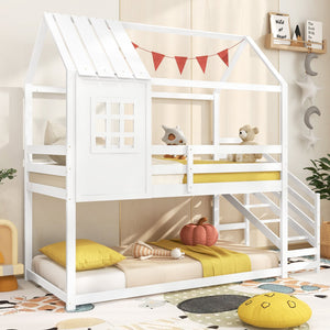 Twin House Bed with Stairs and Roof for Kids-White view 3