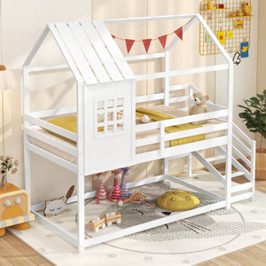 Twin House Bed with Stairs and Roof for Kids-White view 6