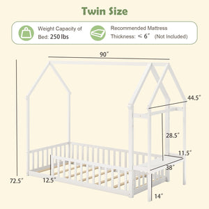 Twin House Floor Bed Montessori Bed Frame with Storage Shelf-White view 4