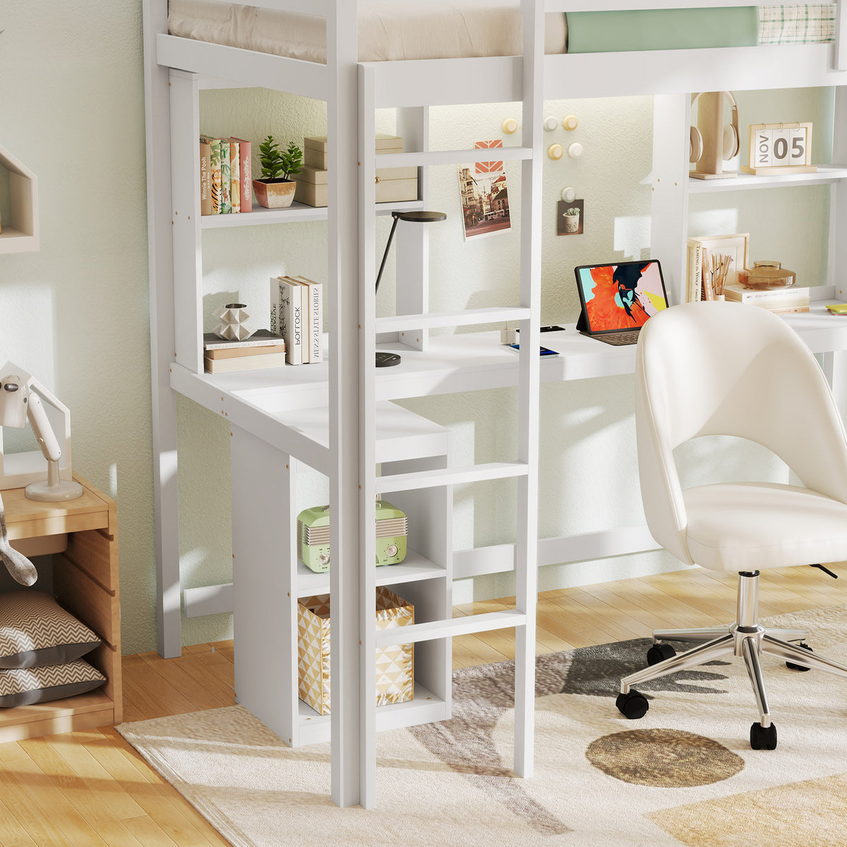Twin Loft Bed with LED Light and Desk No Box Spring Needed-White view 2