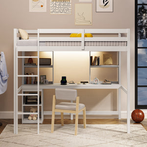 Twin Loft Bed with LED Light and Desk No Box Spring Needed-White view 3