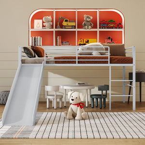Twin Metal Loft Bed with Slide with Safety Guardrails and Built-in Ladder-Silver view 2