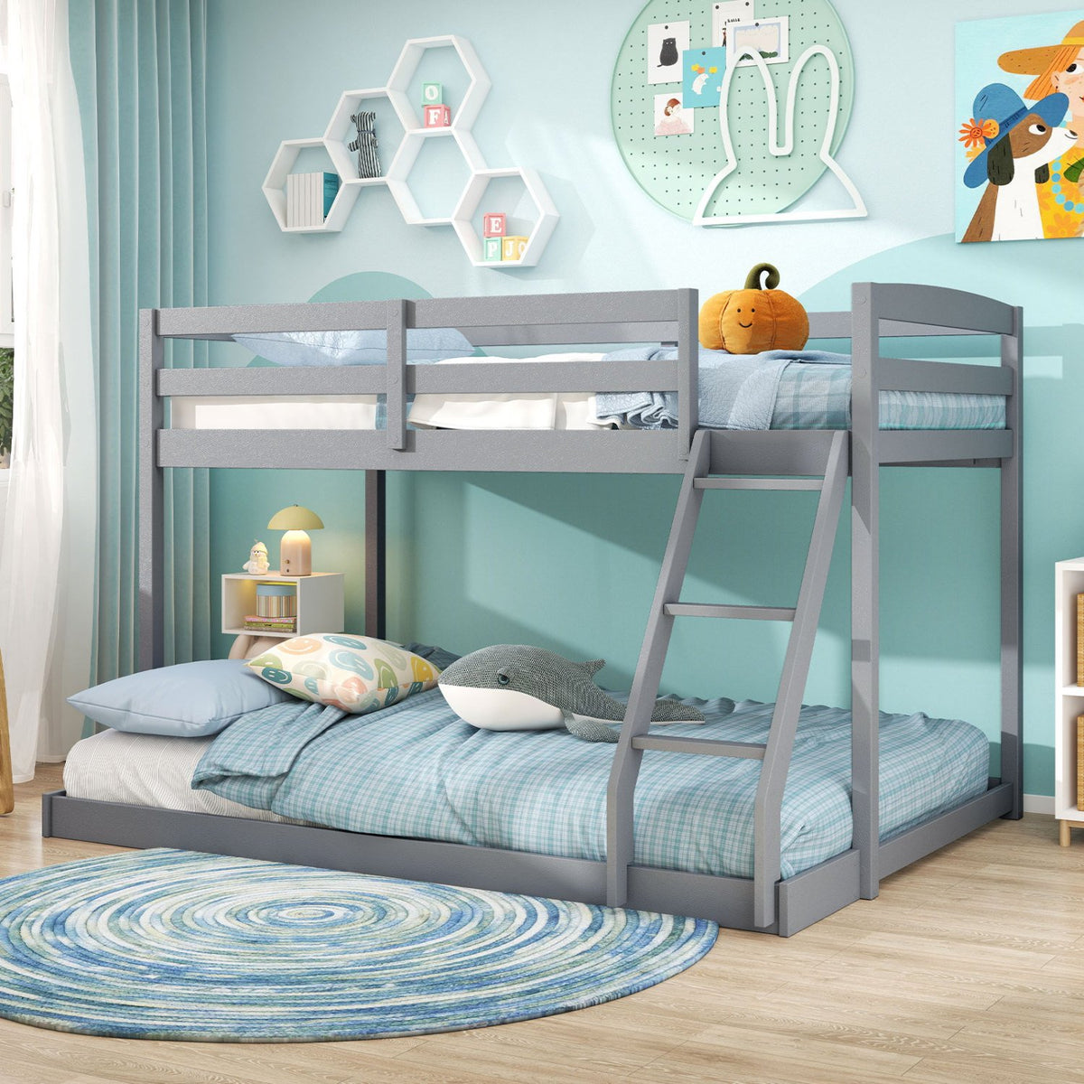 Twin Over Full Bunk Bed Low Floor Bunk Bed Frame-Gray view 2