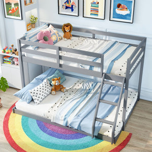Twin Over Full Bunk Bed Low Floor Bunk Bed Frame-Gray view 3