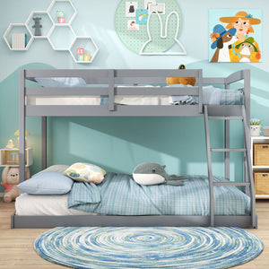 Twin Over Full Bunk Bed Low Floor Bunk Bed Frame-Gray view 5