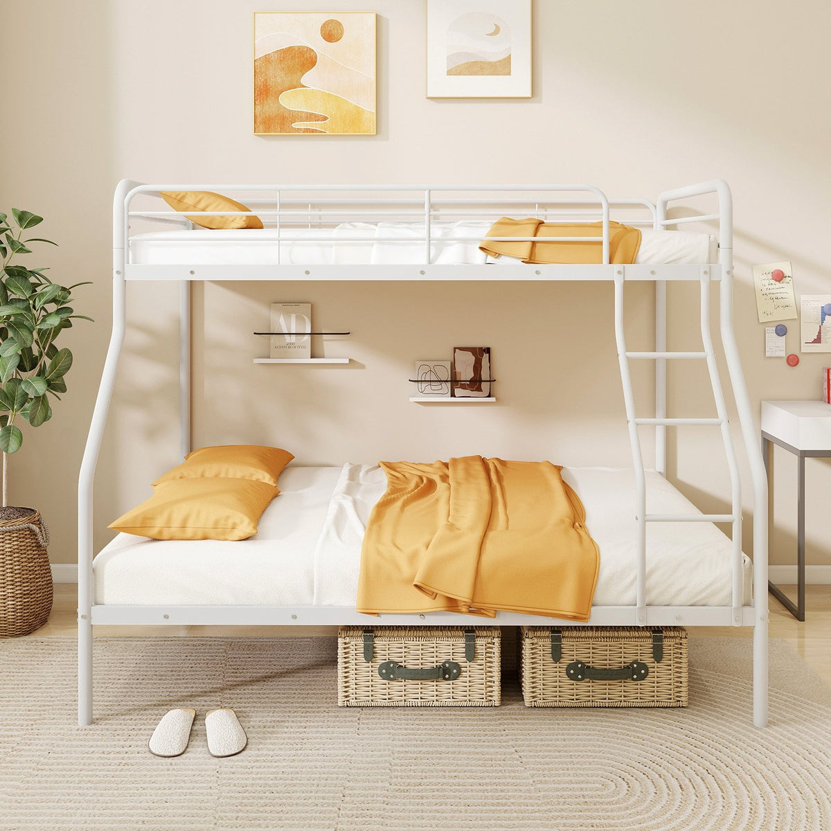 Twin Over Full Bunk Bed with Ladder and Full-length Guardrails-White view 2